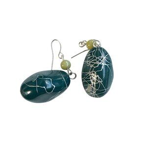 Handmade Green Oval Dangle Earrings with Yellow Beads and Abstract White Lines